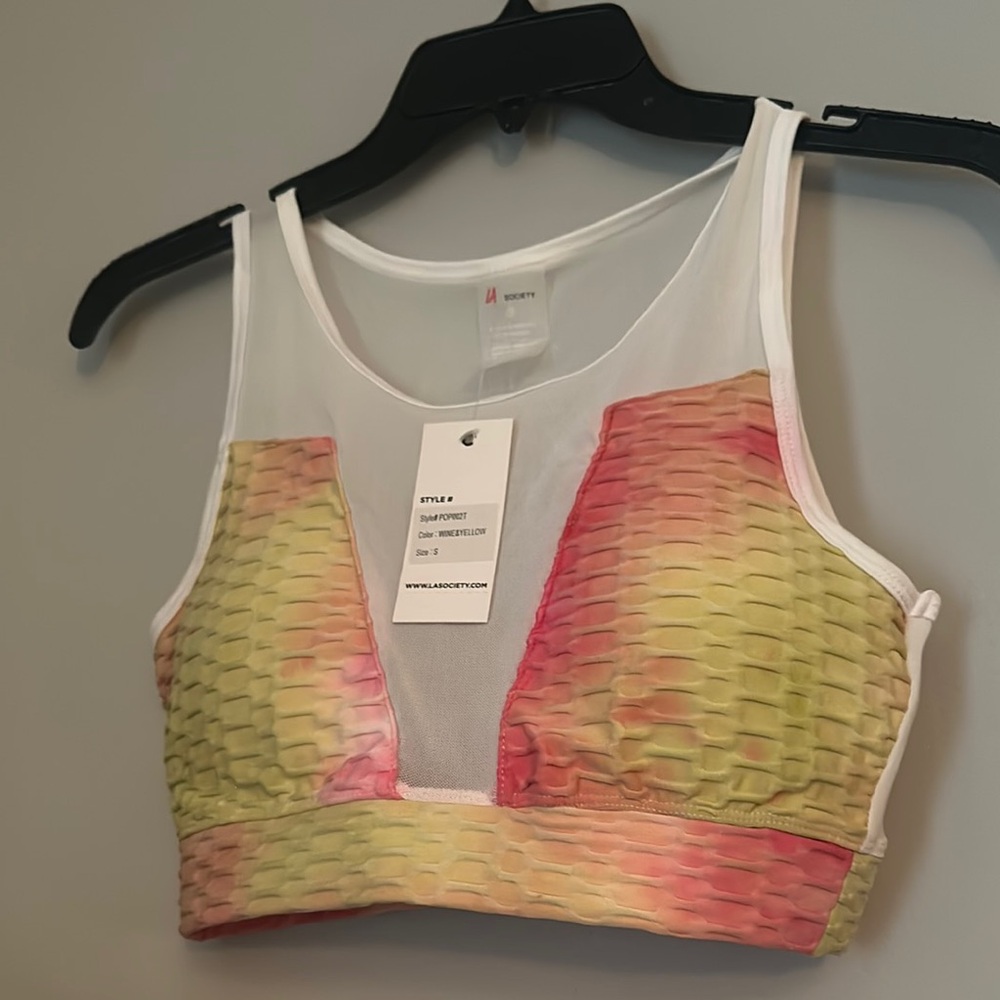 Society Pink and Yellow Sports Bra with Racerback Design